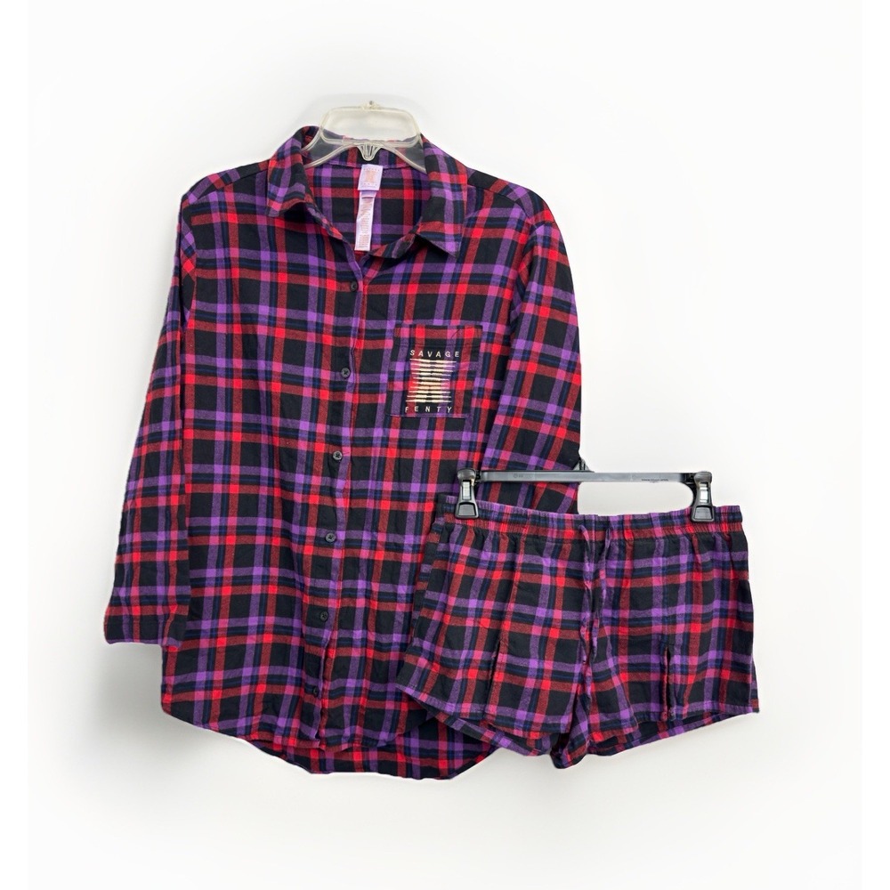 Savage Fenty Womens M Flannel Plaid Pajama Set Cotton Sleep/Lounge Shorts & Top